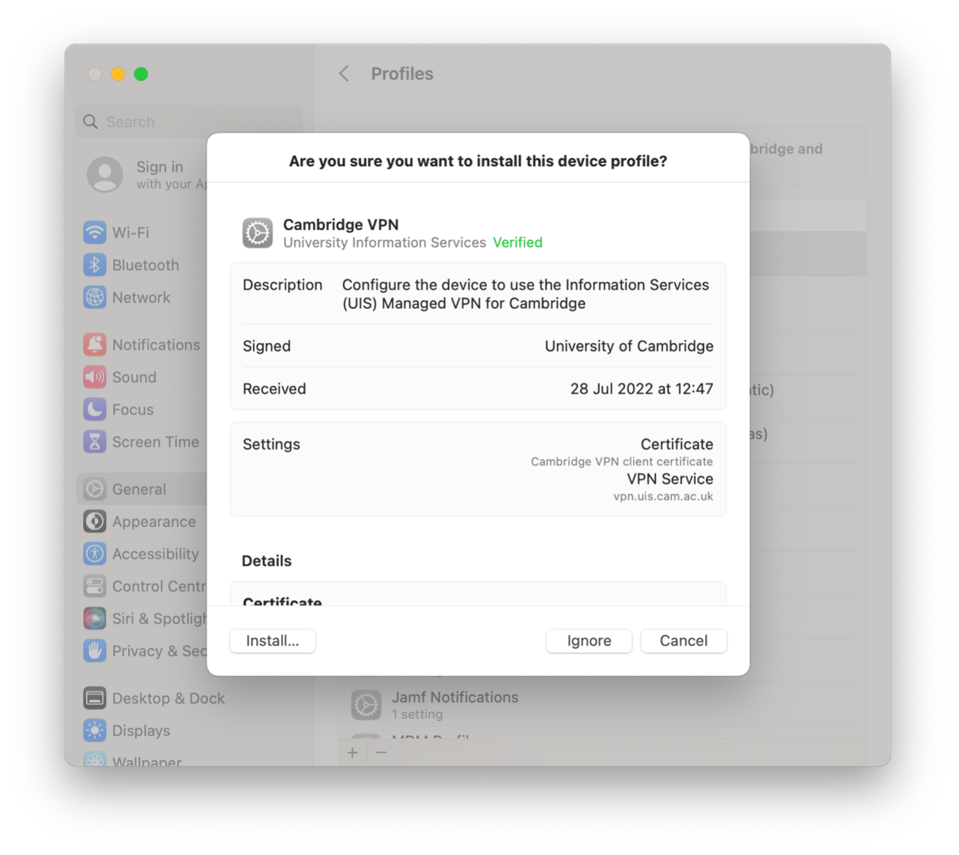 The Cambridge VPN profile pop-up window